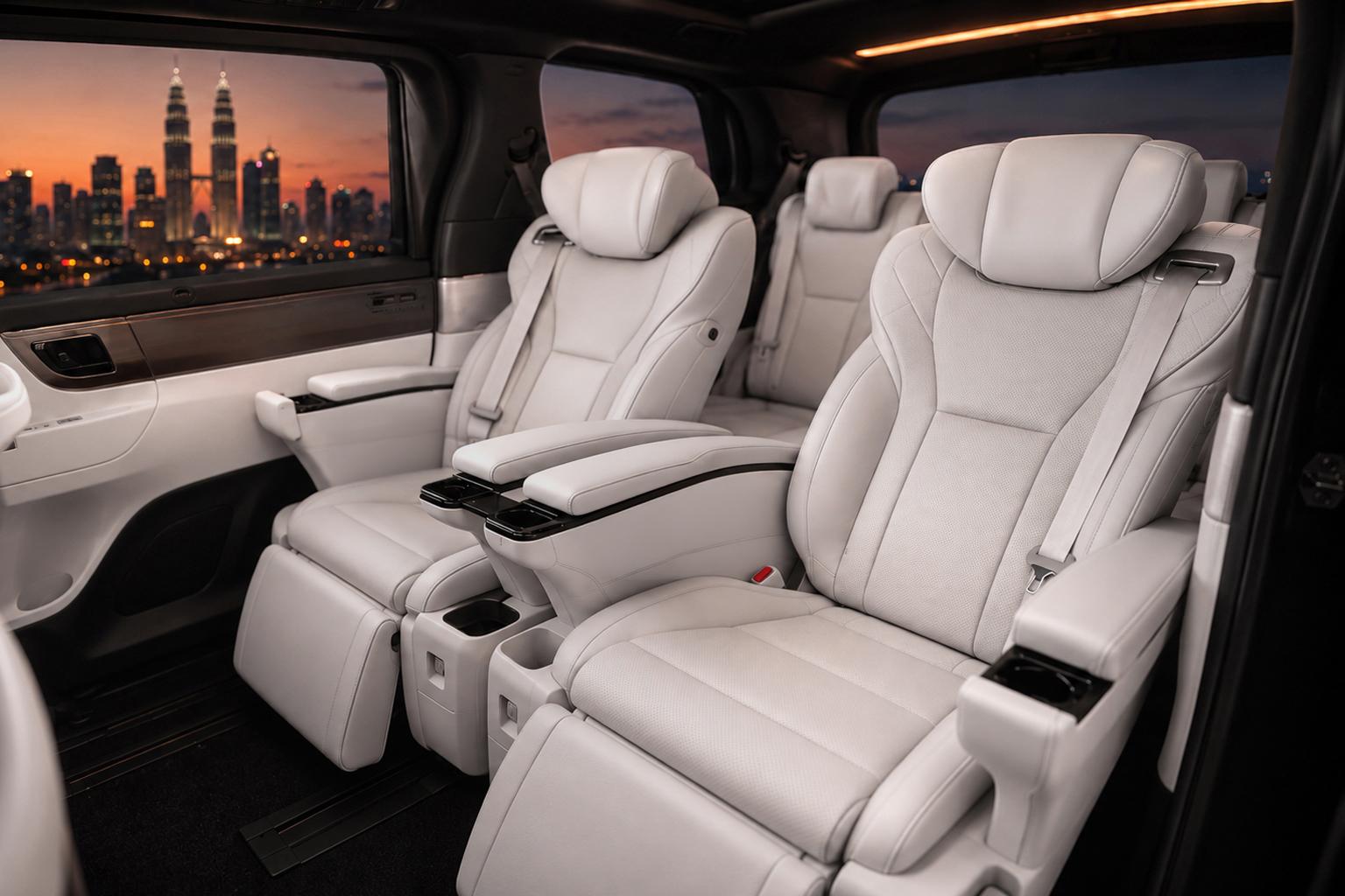 Toyota Alphard interior with leather seats and ambient lighting