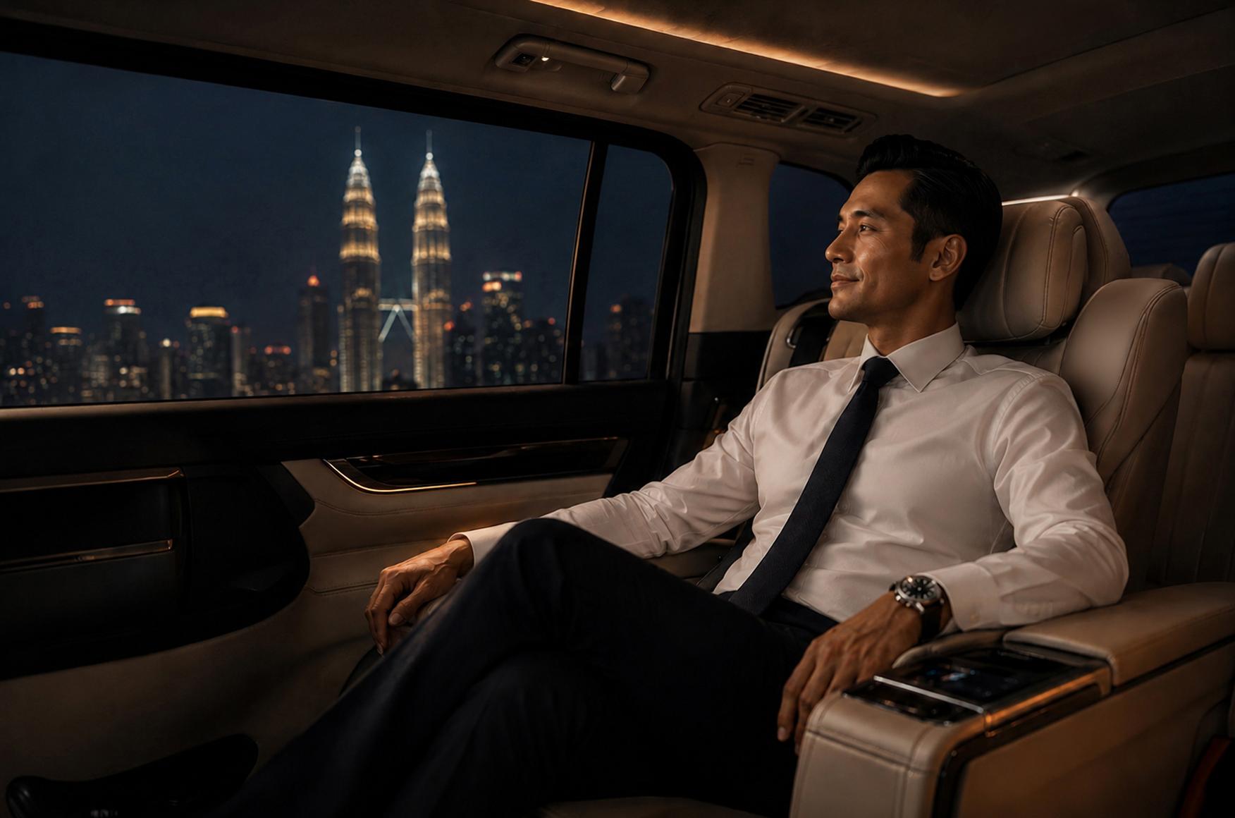 Executive relaxing inside a luxury MPV at night