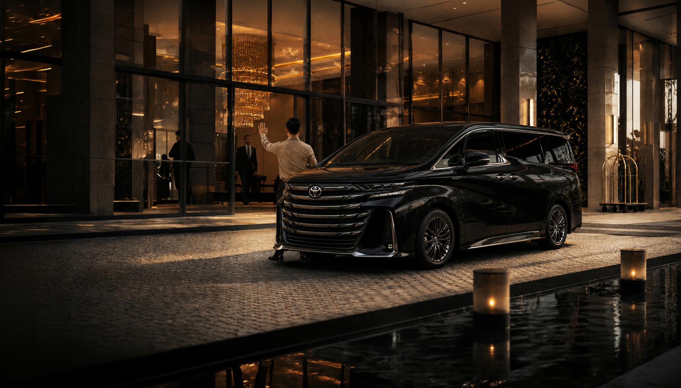 Chauffeur welcoming guests with a luxury MPV at night